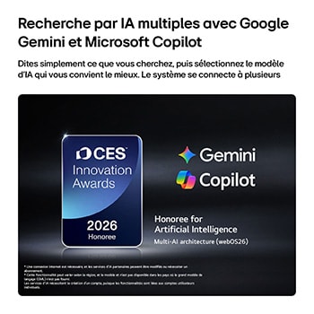 The 2026 CES Innovation Awards Honoree badge in the Artificial Intelligence category recognizes Multi-AI search with Google Gemini and Microsoft Copilot.